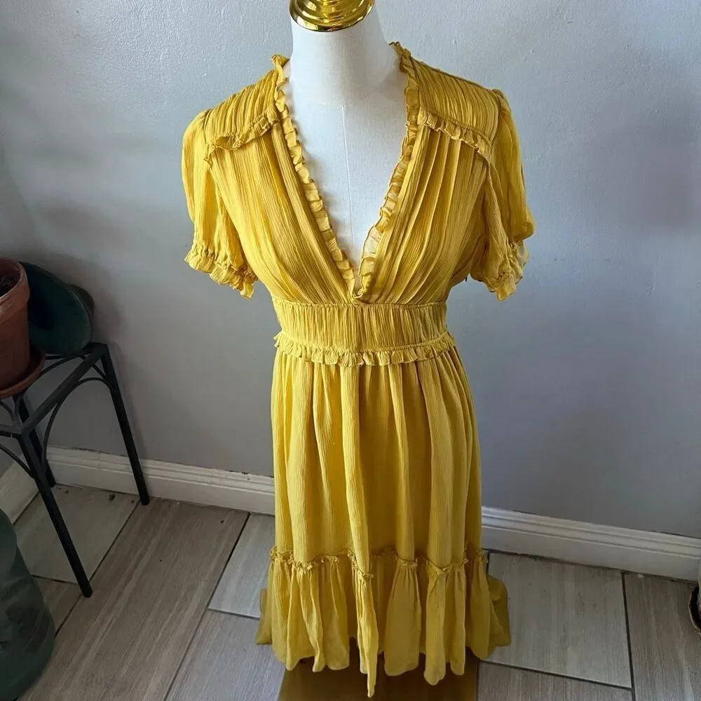 Ulla Johnson Midi Dress Sonja Honey Ruffled Chiffon 2 Silk Chiffon